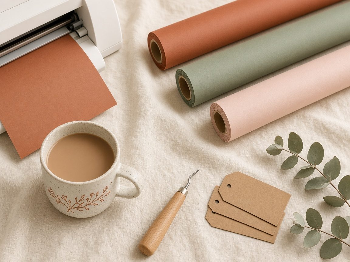 Inspirationsbild: Plotter, Vinylrollen in Terrakotta und Salbei, Tasse und Geschenkanhänger