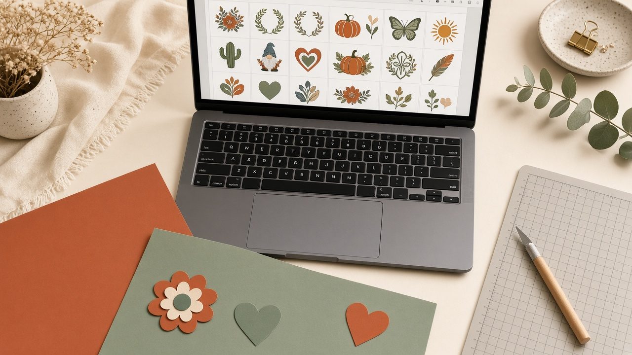 Inspirationsbild: Laptop mit Motiv-Vorschau und Papier-Herzen
