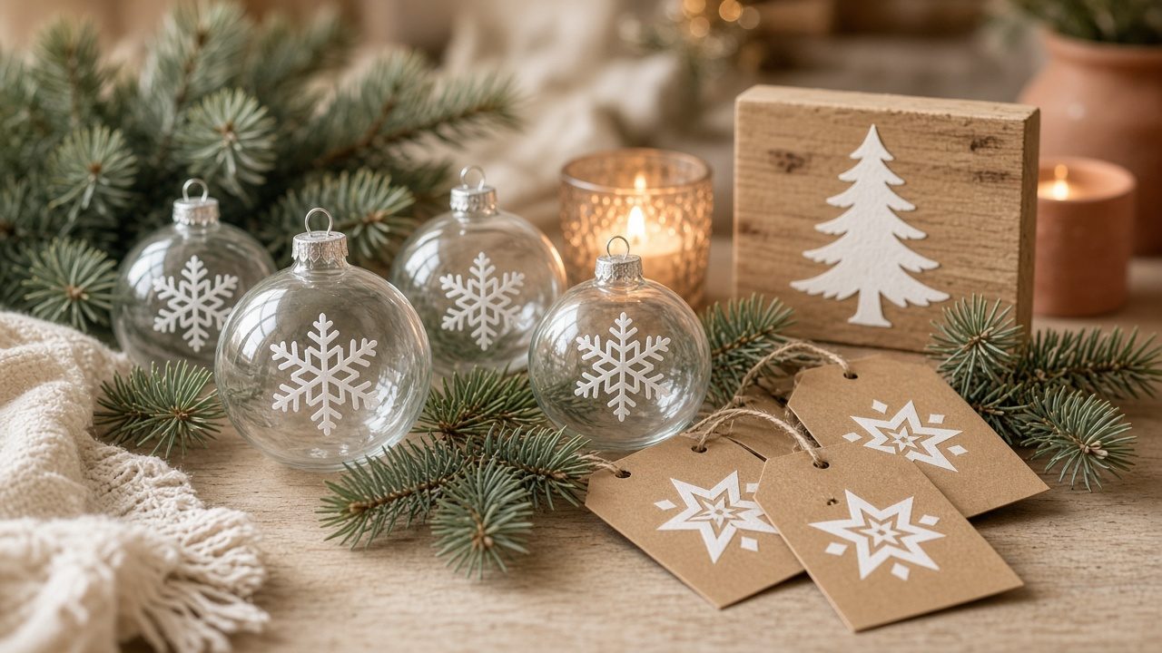 Inspirationsbild: Glaskugeln mit Schneeflocken, Geschenkanhänger aus Kraftpapier